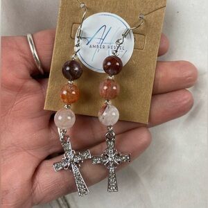 Multicolor Fire Quartz Bead Cross Drop Earrings